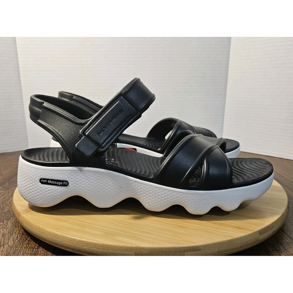 Skechers Womens Sandals Size 10 Massage Fit Foamies Black White Platform Strappy